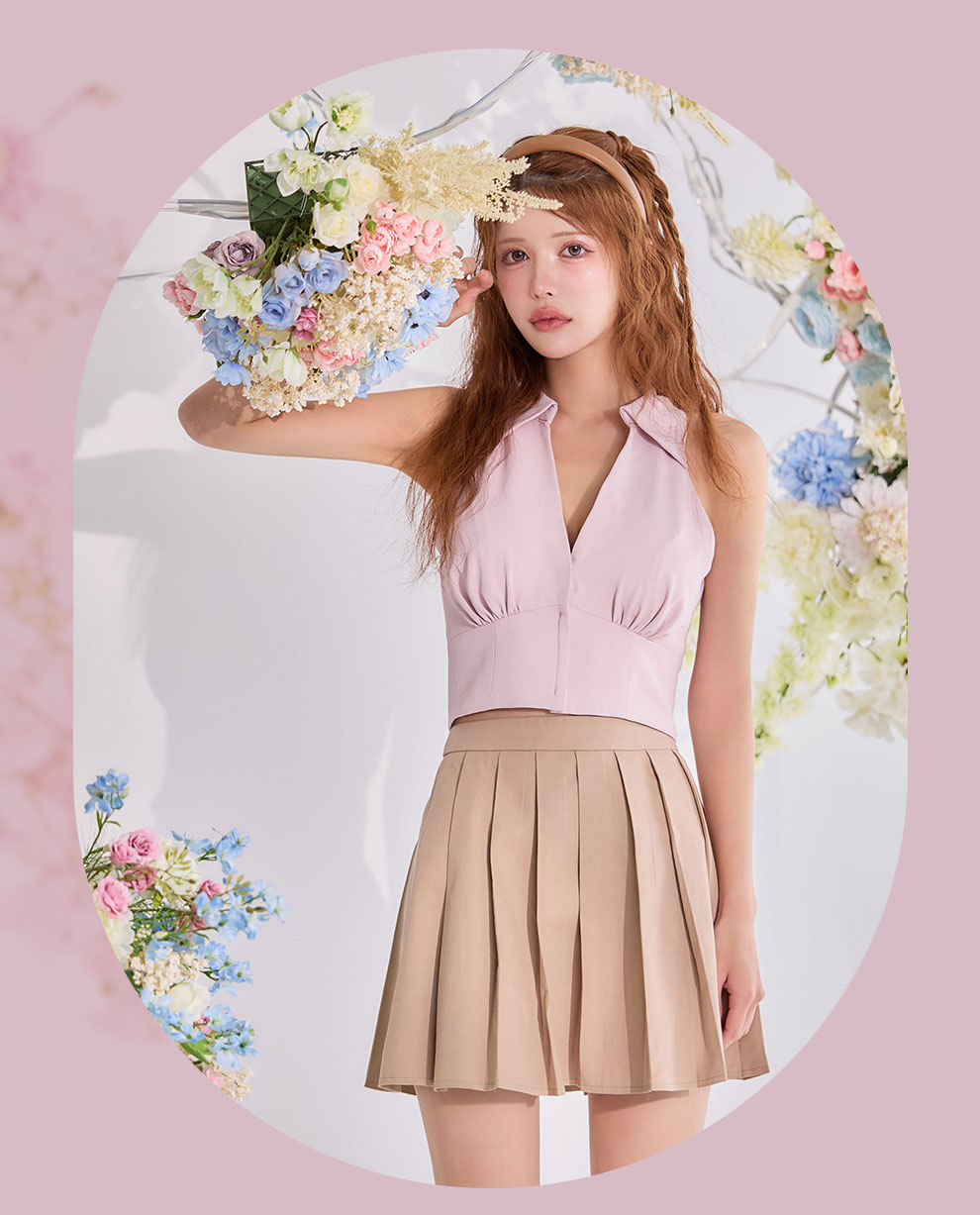 ピンク襟付きVカットプリーツセットアップ1