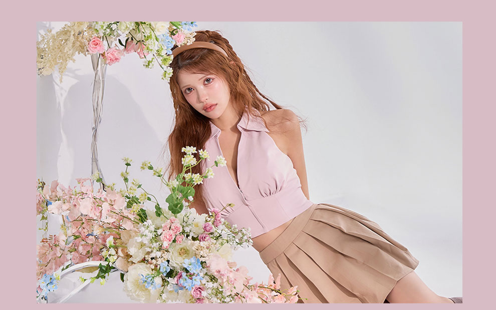 ピンク襟付きVカットプリーツセットアップ4