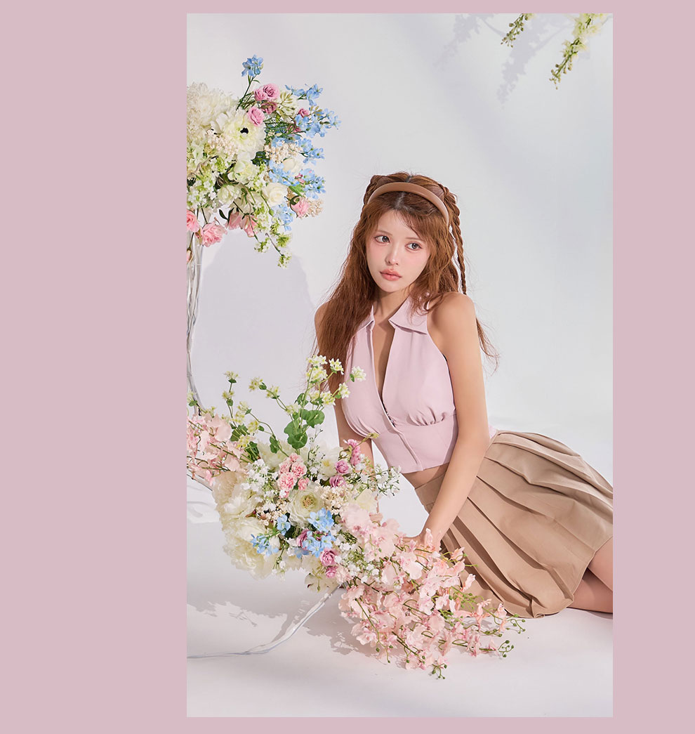 ピンク襟付きVカットプリーツセットアップ6