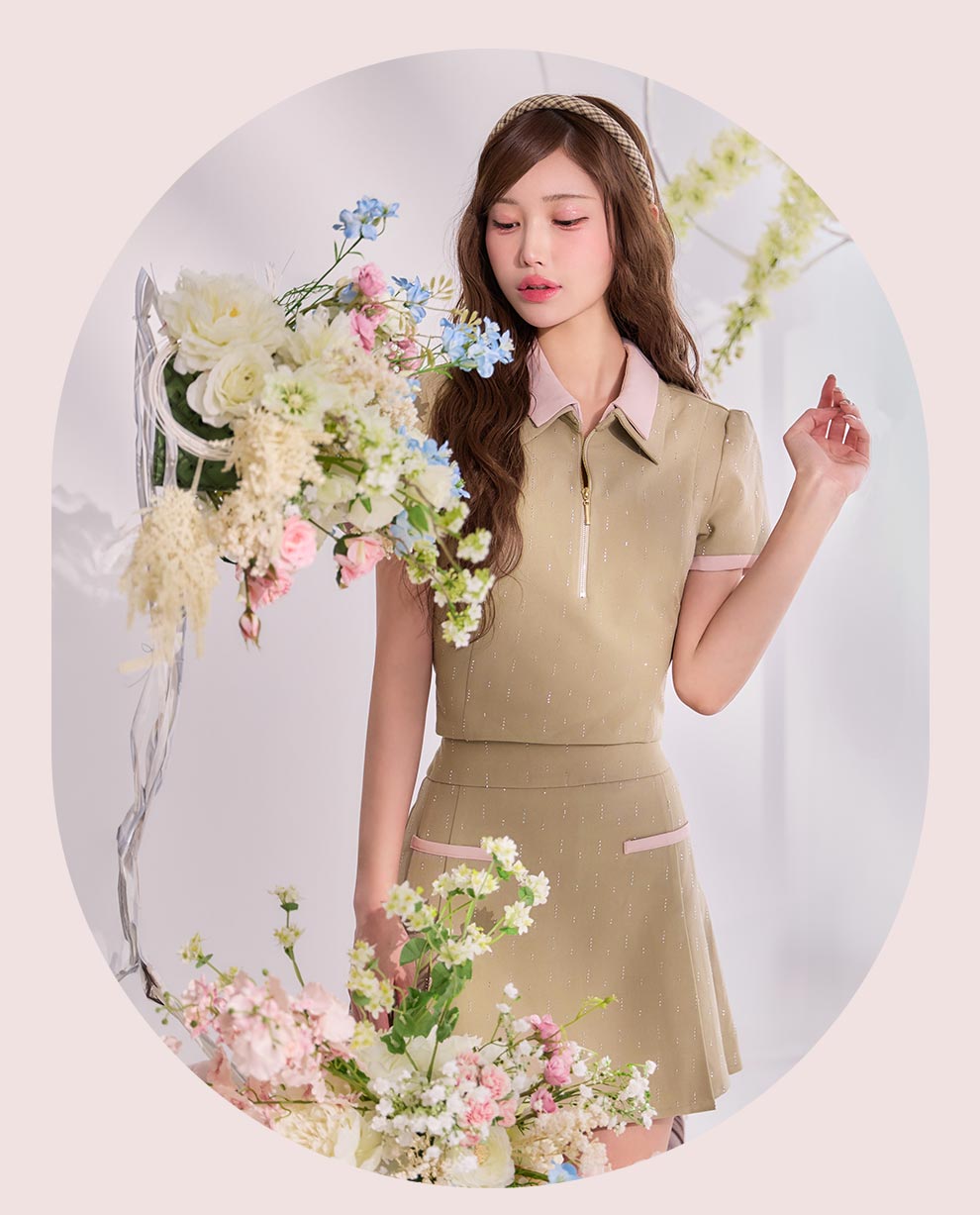 ベージュ襟付きビジューショート袖セットアップ1