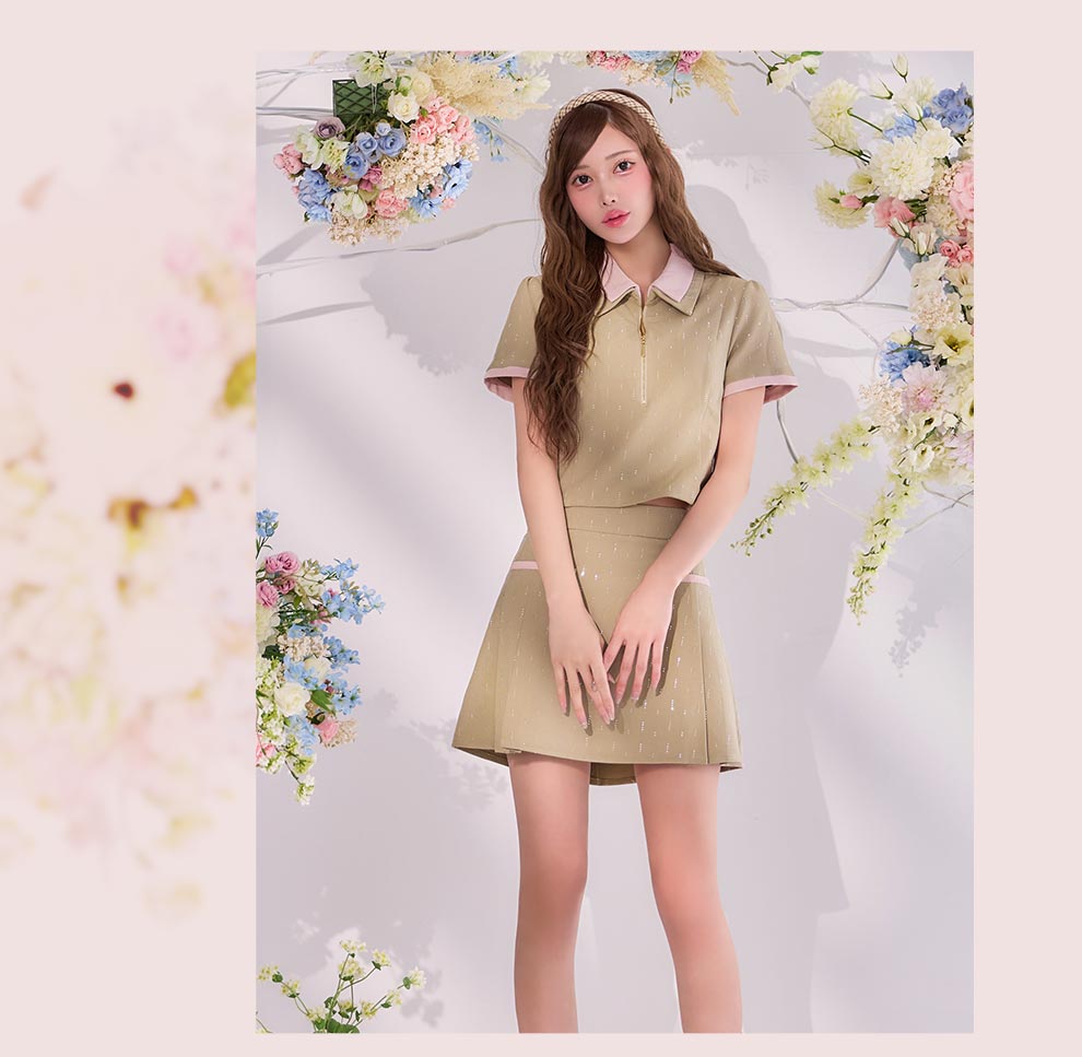 ベージュ襟付きビジューショート袖セットアップ4