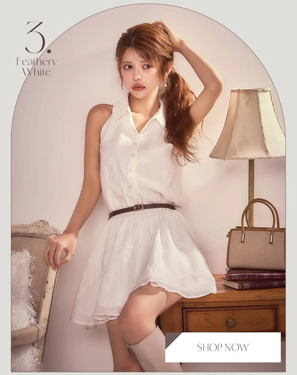 襟付きウエストベルトフレアミニドレス1