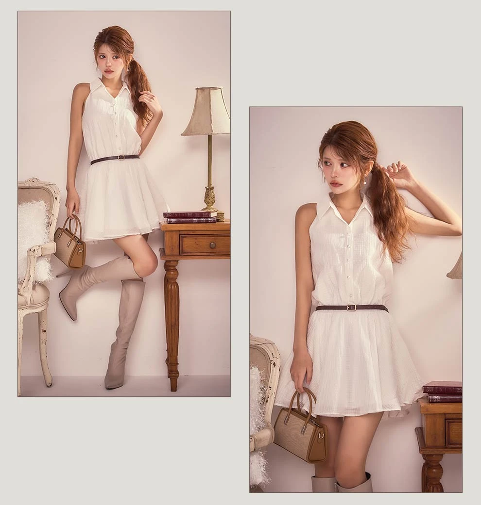 襟付きウエストベルトフレアミニドレス2