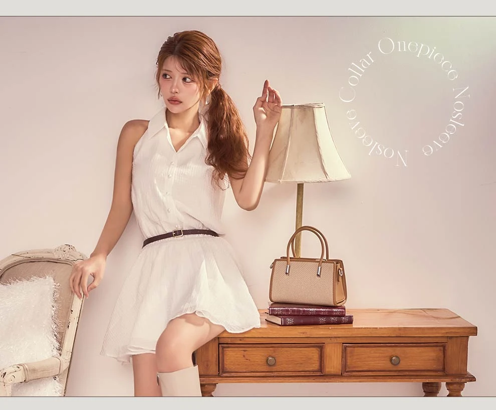 襟付きウエストベルトフレアミニドレス3