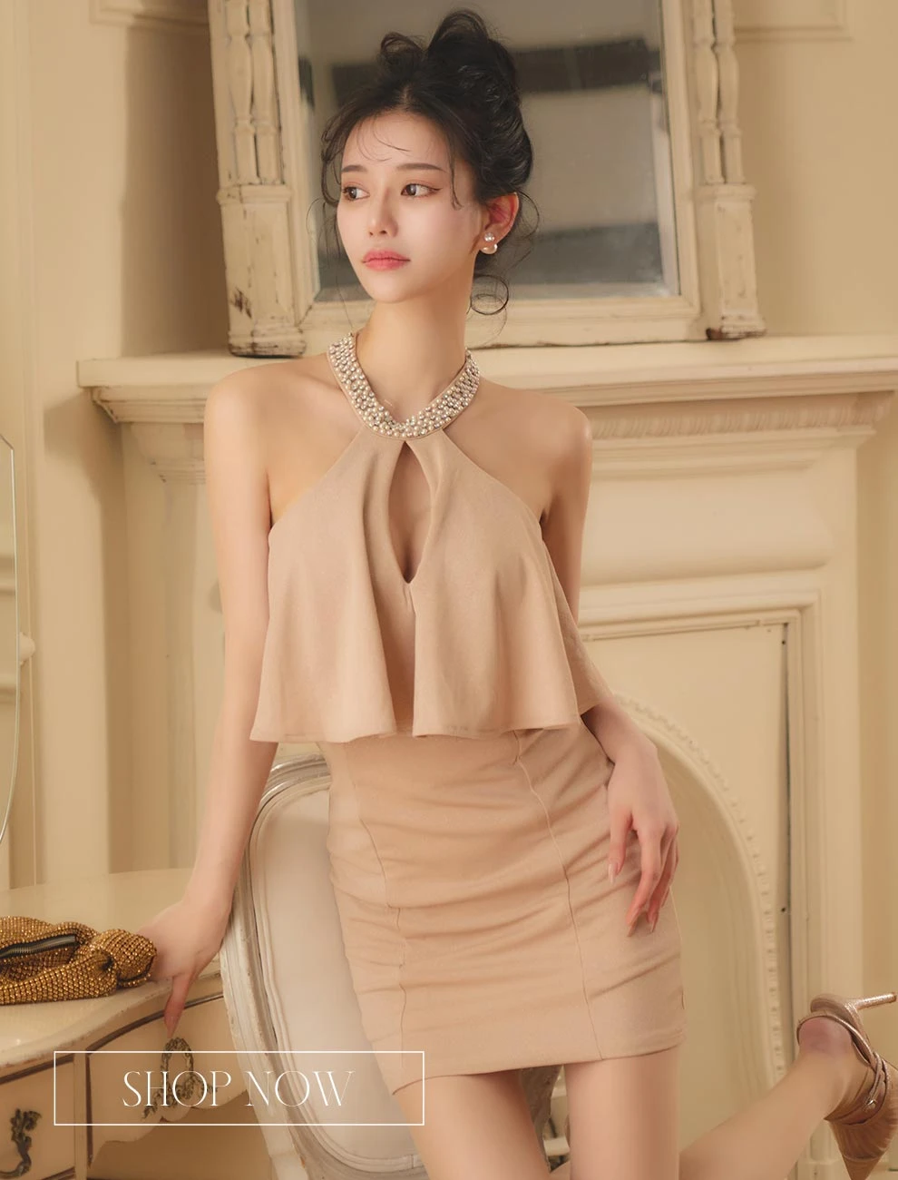 ビジューネックウエストフリルラメタイトミニドレス1