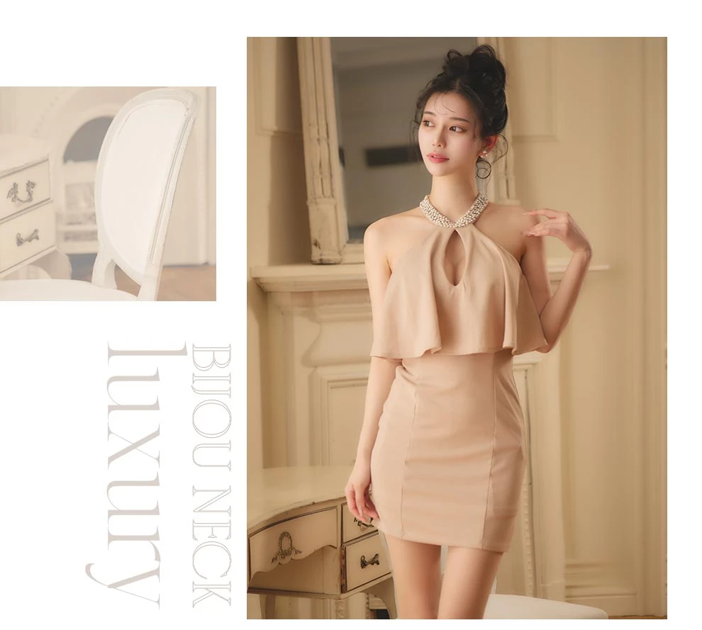 ビジューネックウエストフリルラメタイトミニドレス2