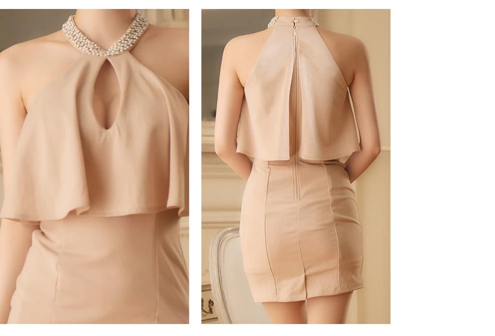 ビジューネックウエストフリルラメタイトミニドレス3