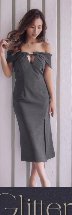 リボンオフショルタイトミディアムドレス グレー