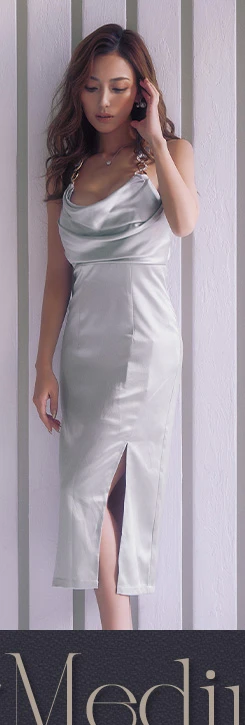 サテンドレープミディアムドレス グレー