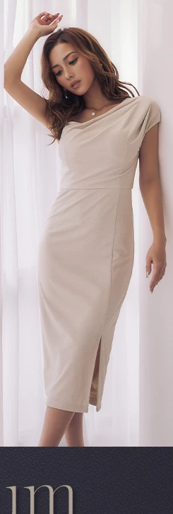 アシメショルダースリットミディアムドレス