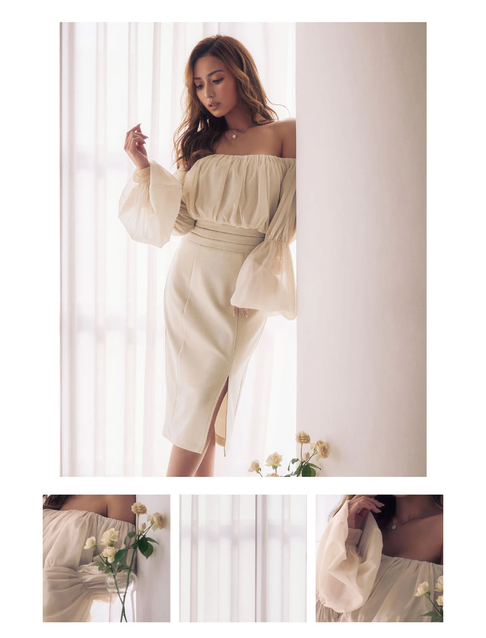 オフショルシャーリングラメミディアムドレス2