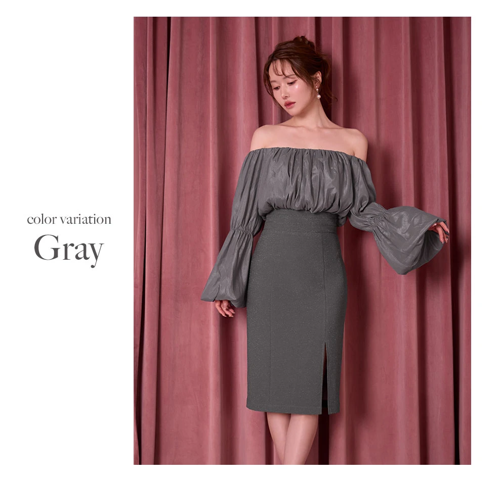 オフショルシャーリングラメミディアムドレス4