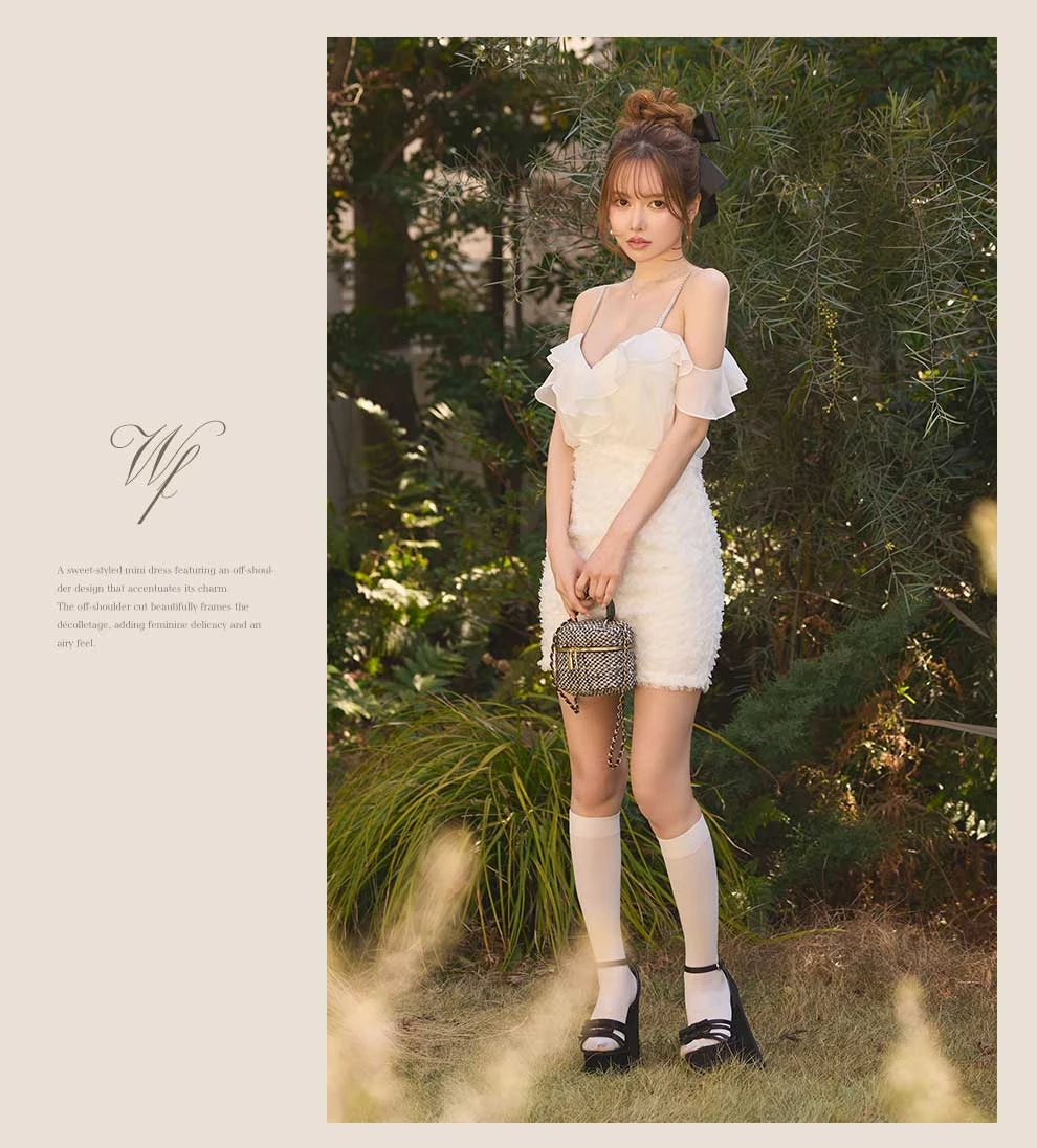 フリルオフショルダーシフォンフリンジドレス4