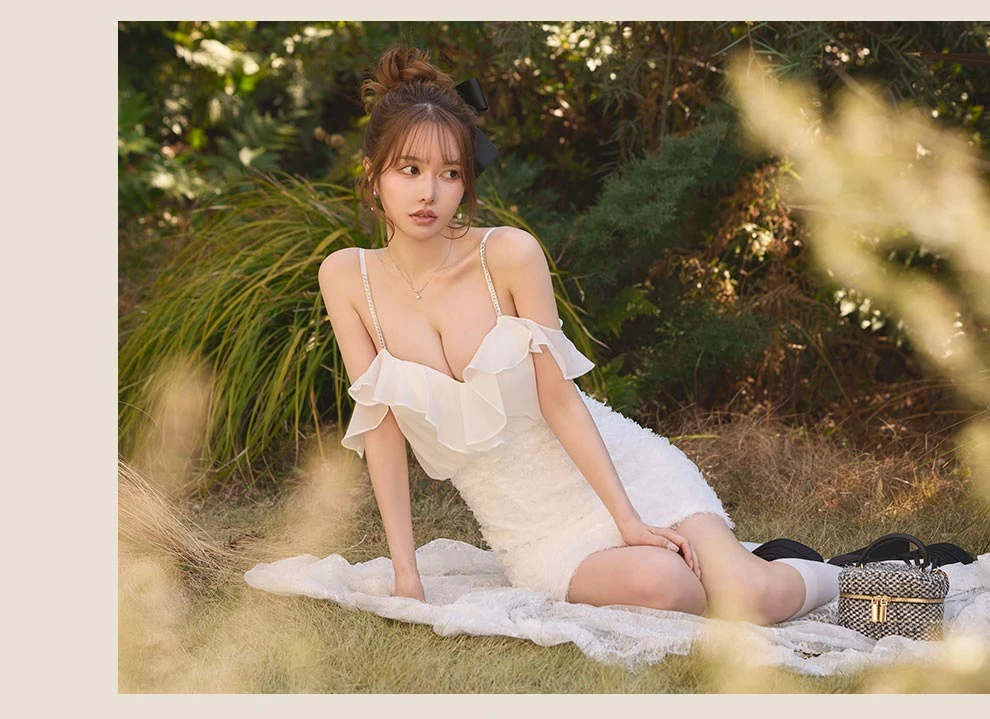 フリルオフショルダーシフォンフリンジドレス6