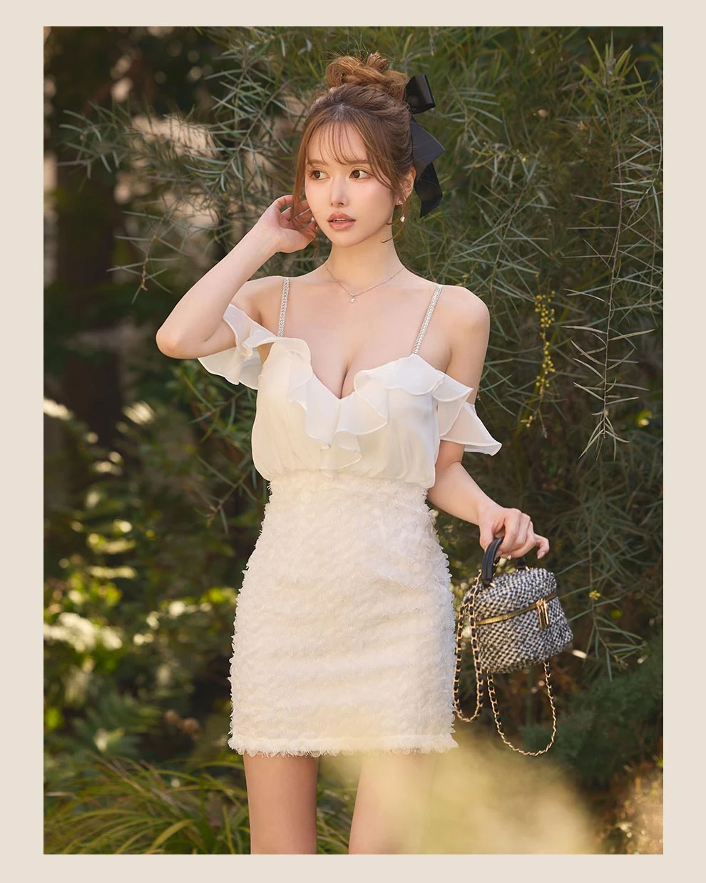 フリルオフショルダーシフォンフリンジドレス7