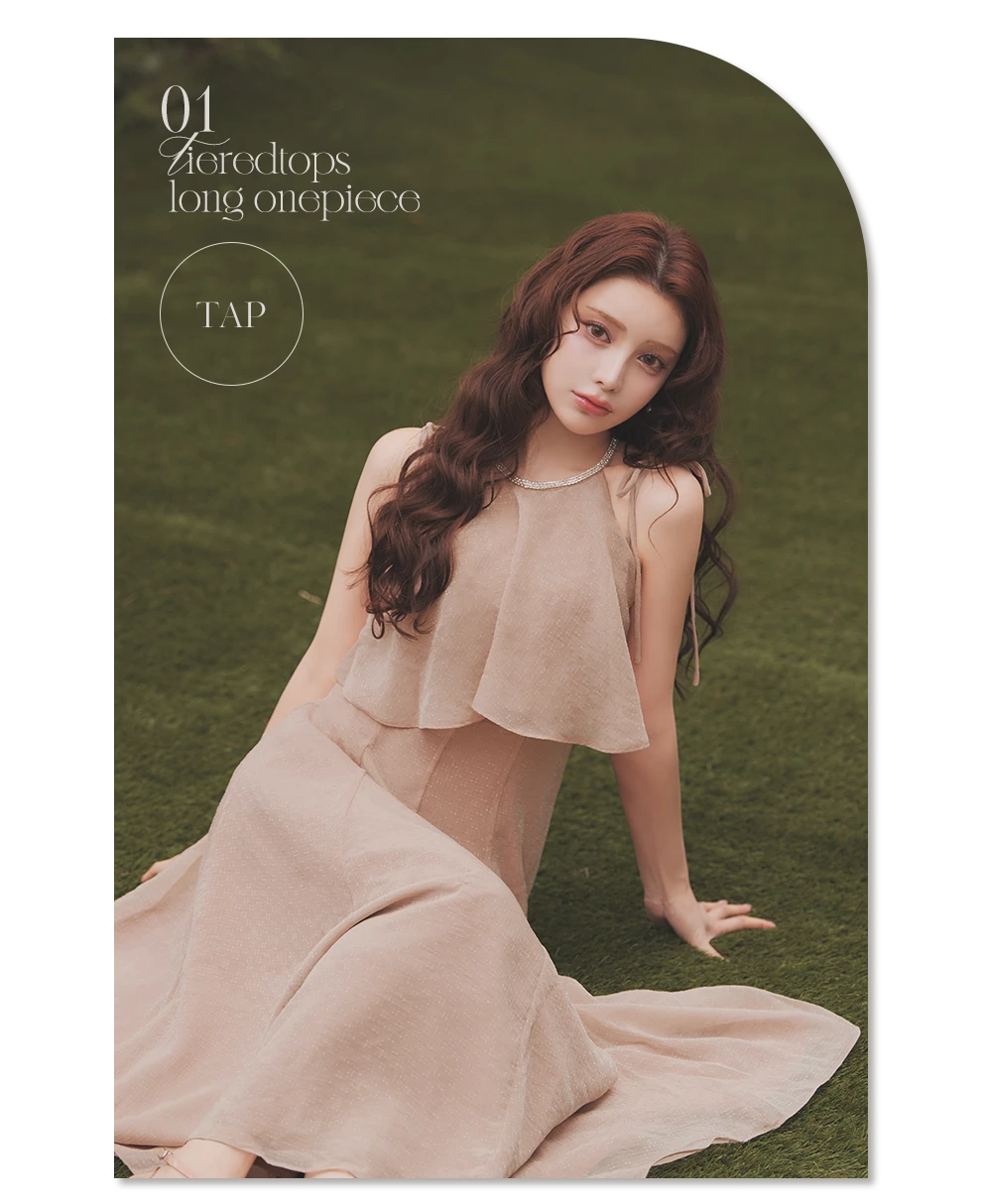 フリルトップスUネックロングワンピースドレス1