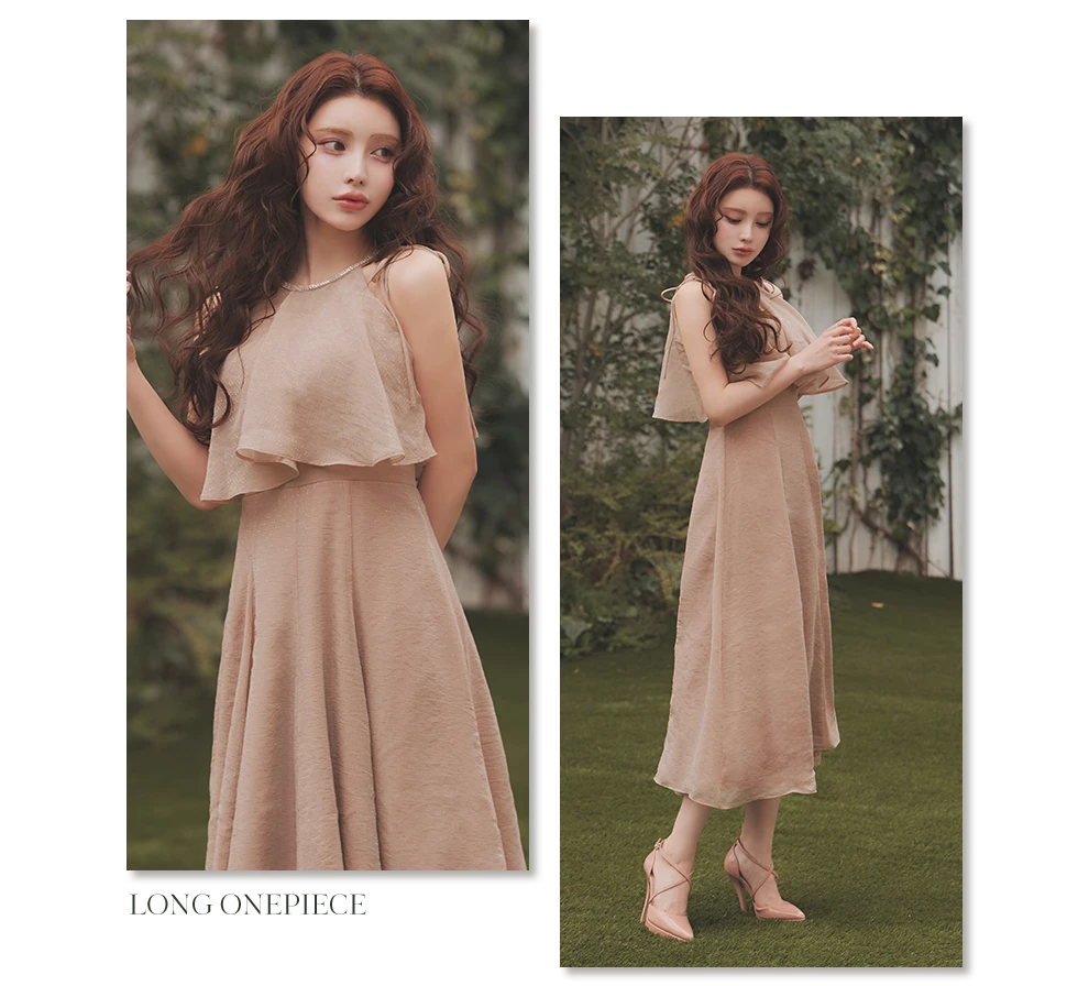 フリルトップスUネックロングワンピースドレス2