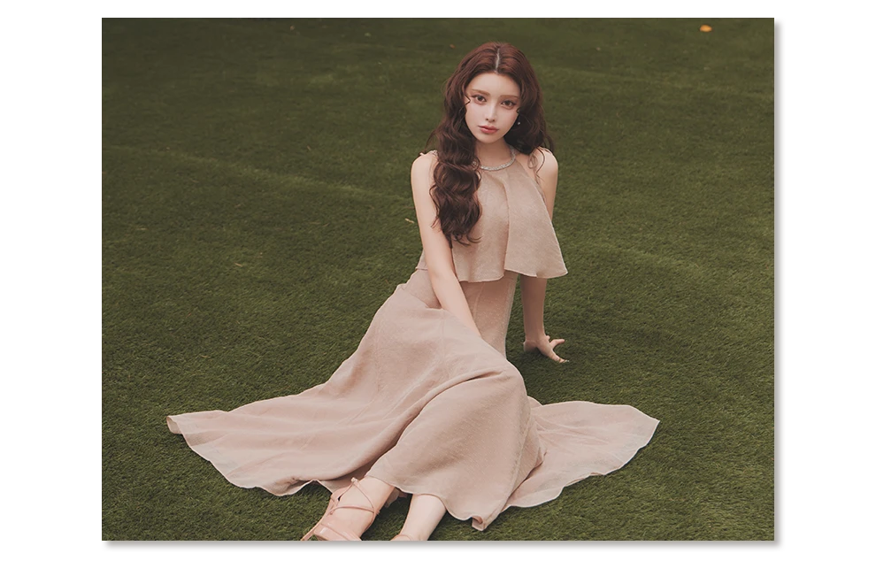 フリルトップスUネックロングワンピースドレス3