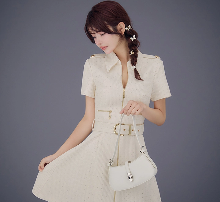 JEWELS Sサイズ ワッフルタイトミニドレス ベルト ホワイト