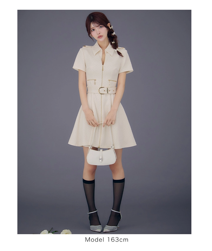 襟付きジップスタッズワッフルベルトミニドレス/キャバドレス【XS-L