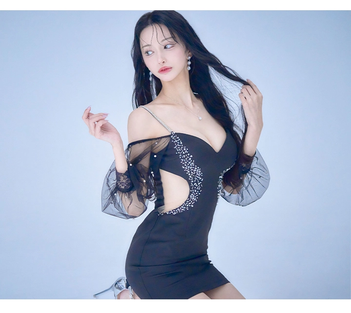 ブラックビーズ刺繍タイトドレス 即納】結婚式や謝恩会におすすめ 黒レースビーズ刺繍の膝丈ドレス