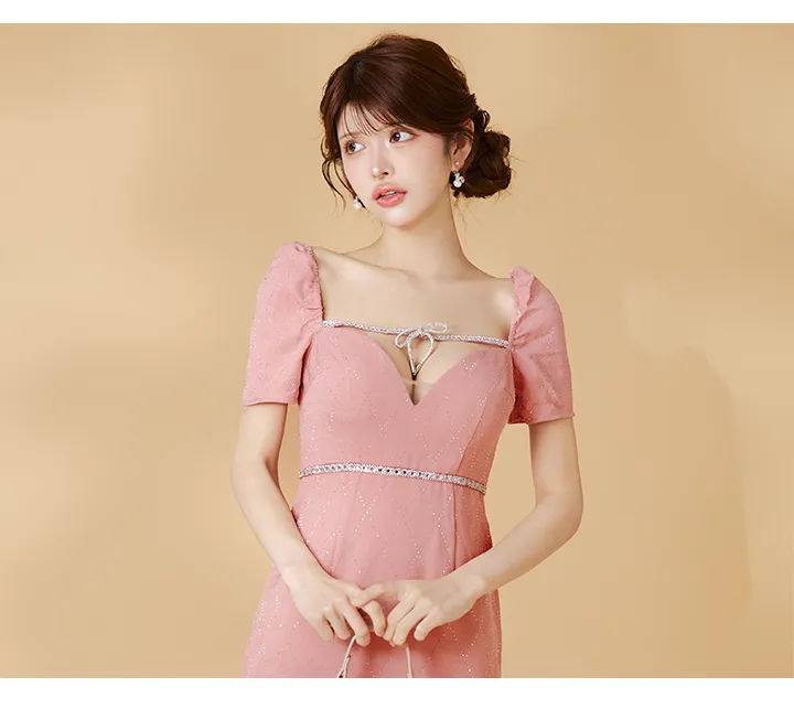 リボンビジュー格子柄半袖ミニドレス/キャバドレス02