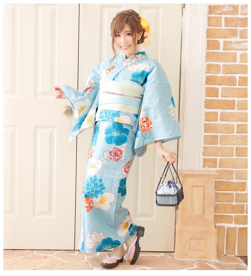 浴衣 水色地x花毬模様浴衣セット Yobi030wh Yhimo8 19obi 22 Hc02