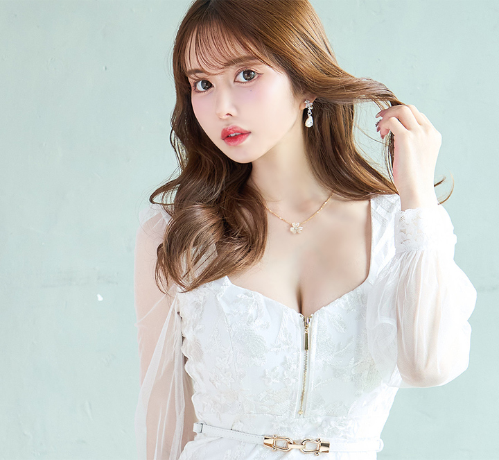 花柄刺繍レースドレス/チュールスリーブ/ジップアップ/ベルト/谷間見せ 