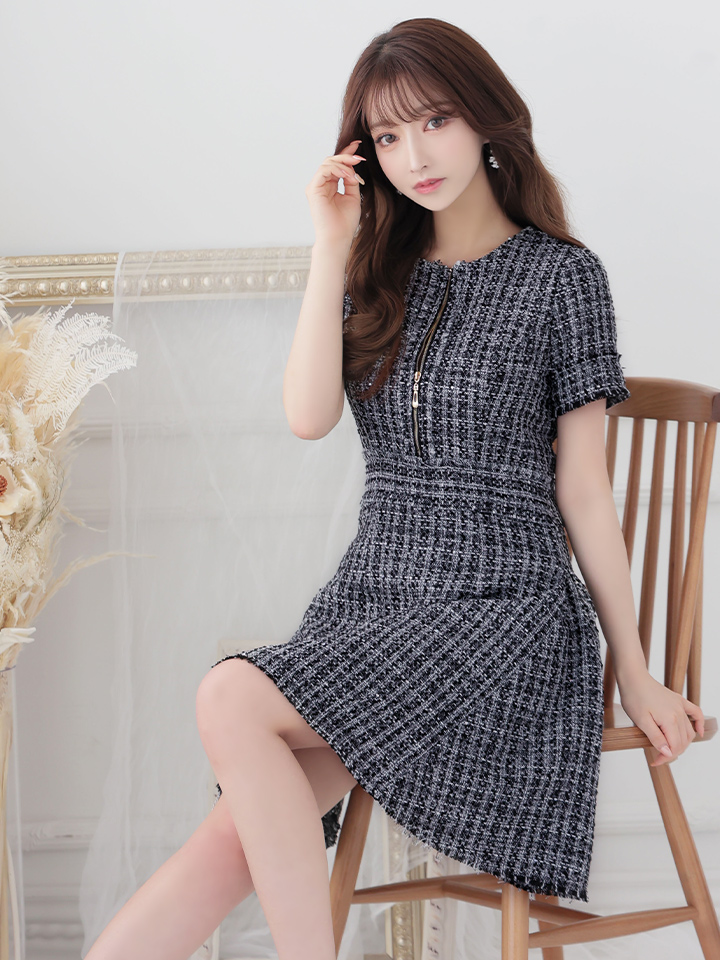 shelleボックスプリーツツイードドレス NAVY
