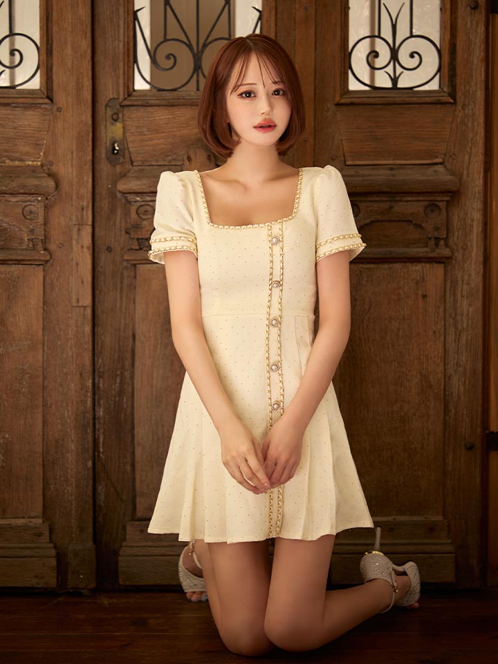 スクエアネックプリーツツイードドレス/キャバドレス8