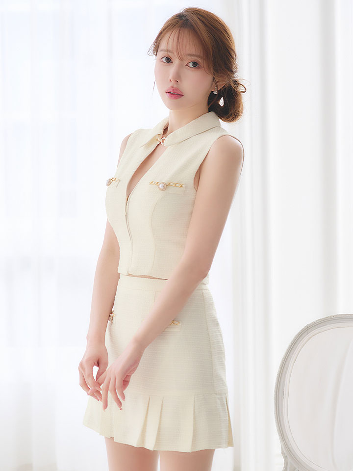 プリーツツイードパールボタンドレス/キャバドレス02
