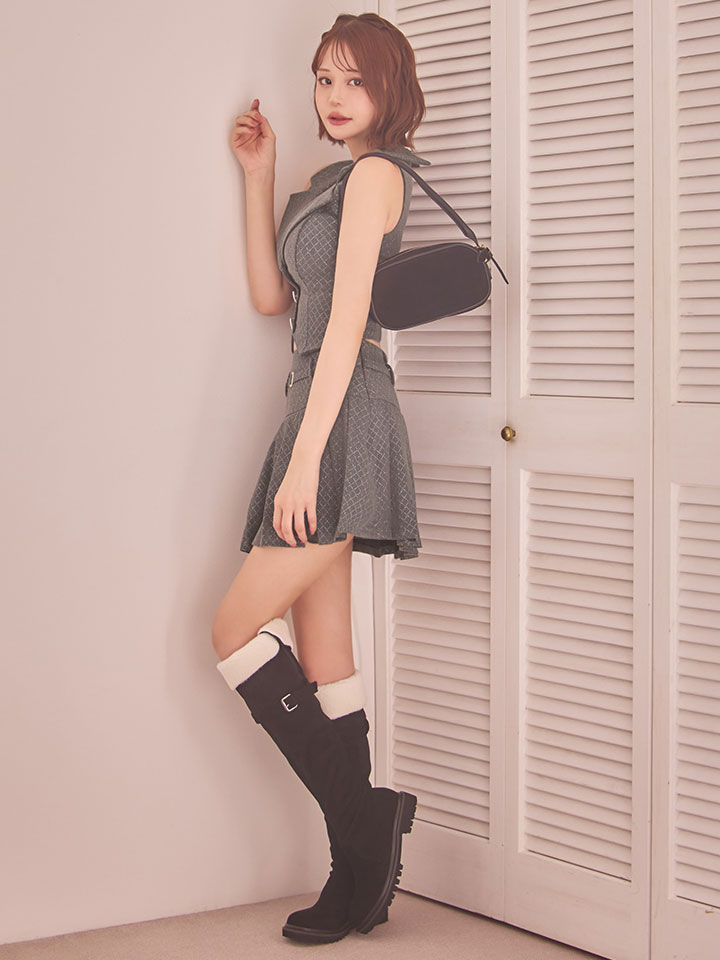 送料無料!襟付きセットアッププリーツミニドレス/キャバドレス