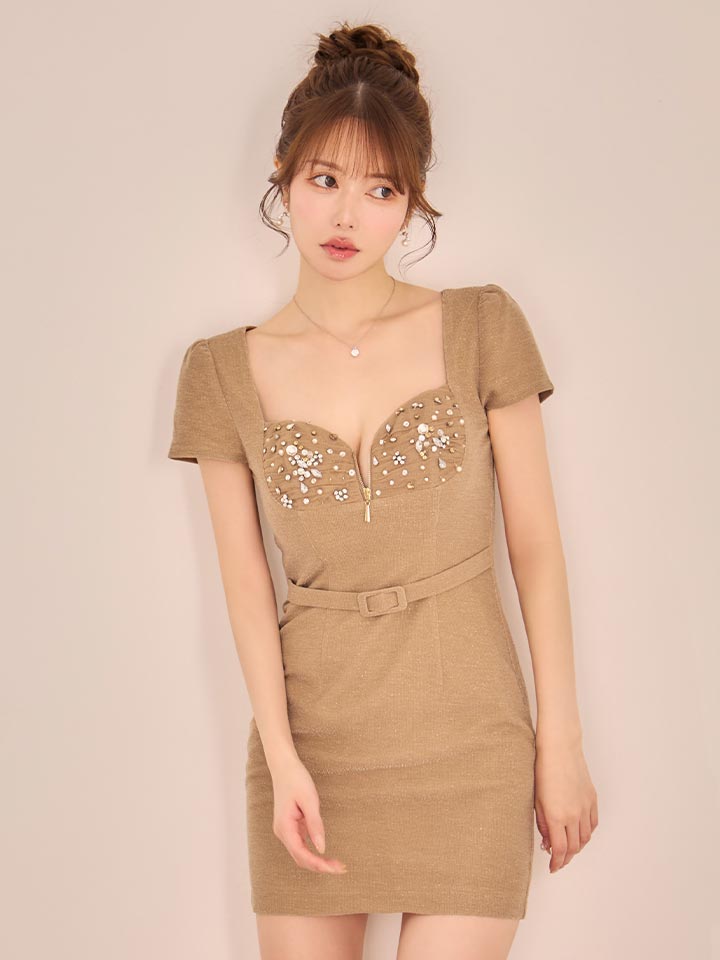 ラメビジューフロントジップタイトミニドレス/キャバドレス4