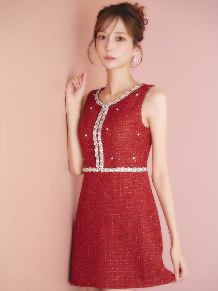 ツイードビジューノースリーブミニワンピースドレス/キャバドレス1