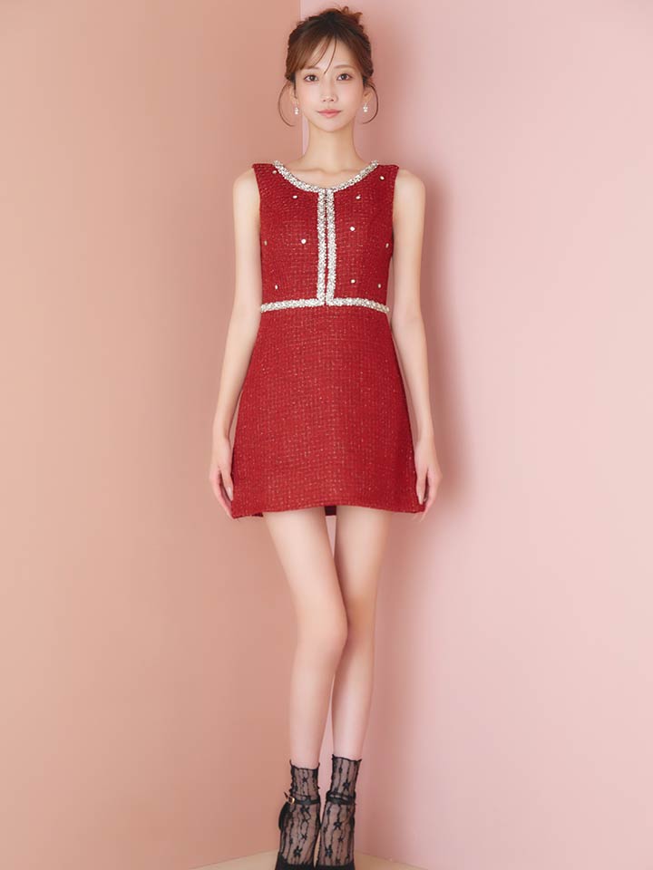 ツイードビジューノースリーブミニワンピースドレス/キャバドレス2