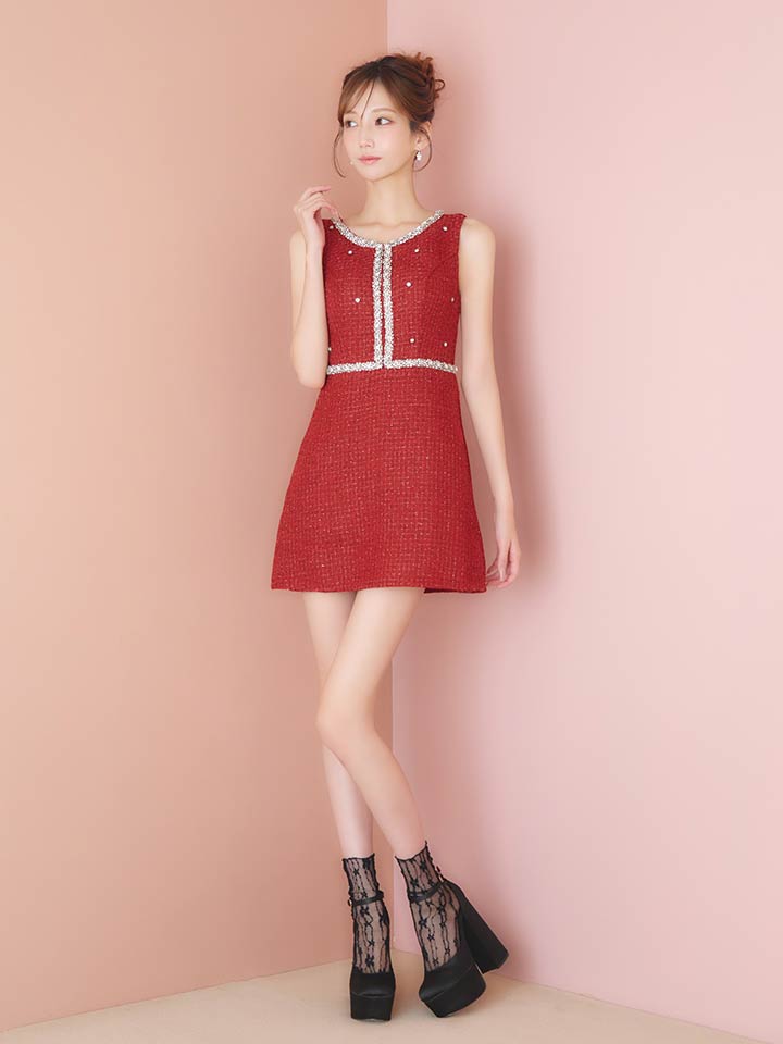 ツイードビジューノースリーブミニワンピースドレス/キャバドレス6