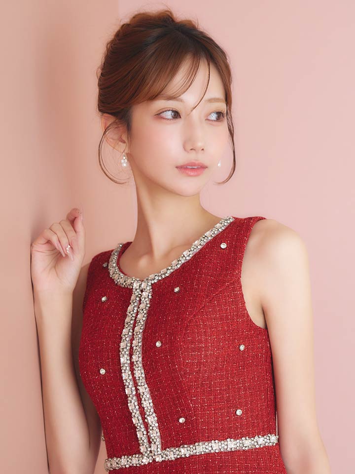 ツイードビジューノースリーブミニワンピースドレス/キャバドレス11