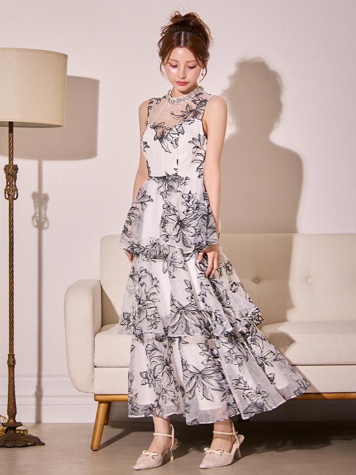 花柄ティアードフリルワンピースドレス/キャバドレス5