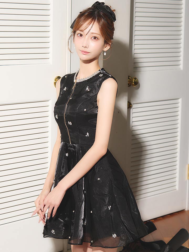 フロントジップシフォンミニドレス/キャバドレス