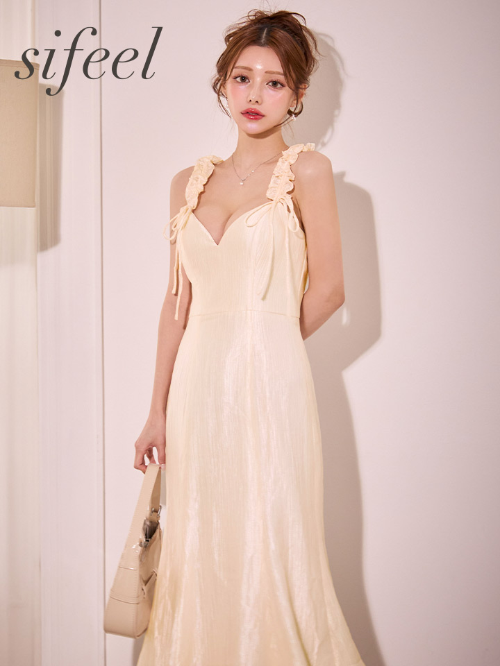 リボンギャザーショルダーマーメイドワンピース/キャバドレス1