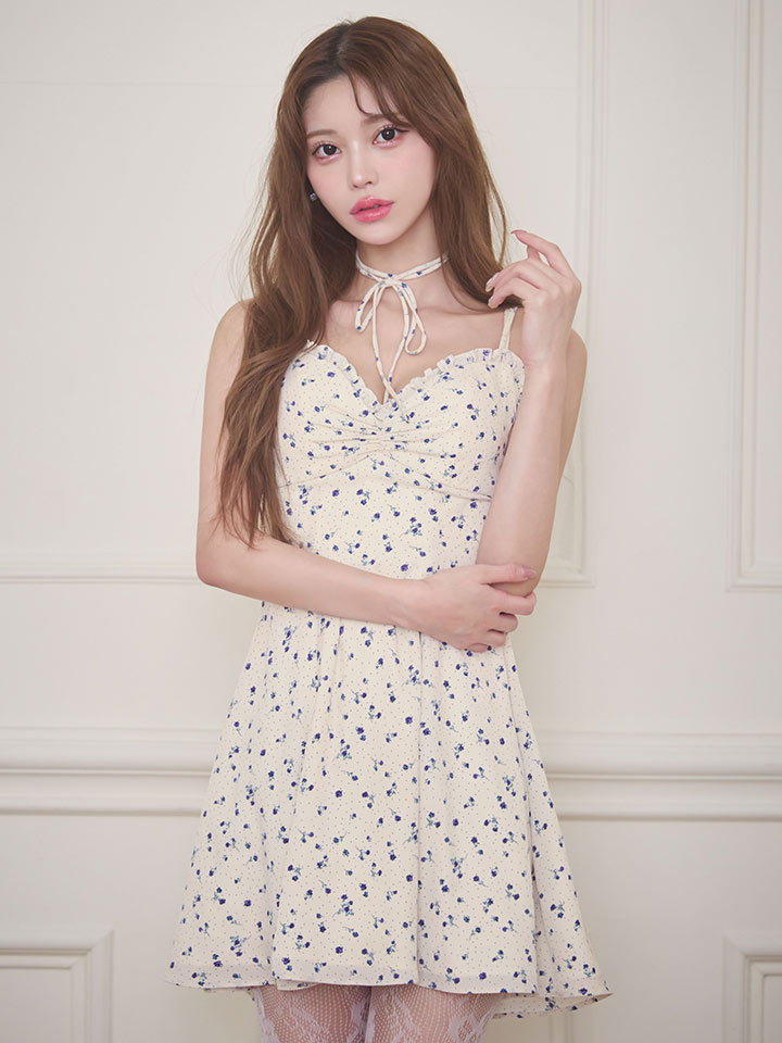 小花柄キャミソールリボンフレアミニドレス/キャバドレス01