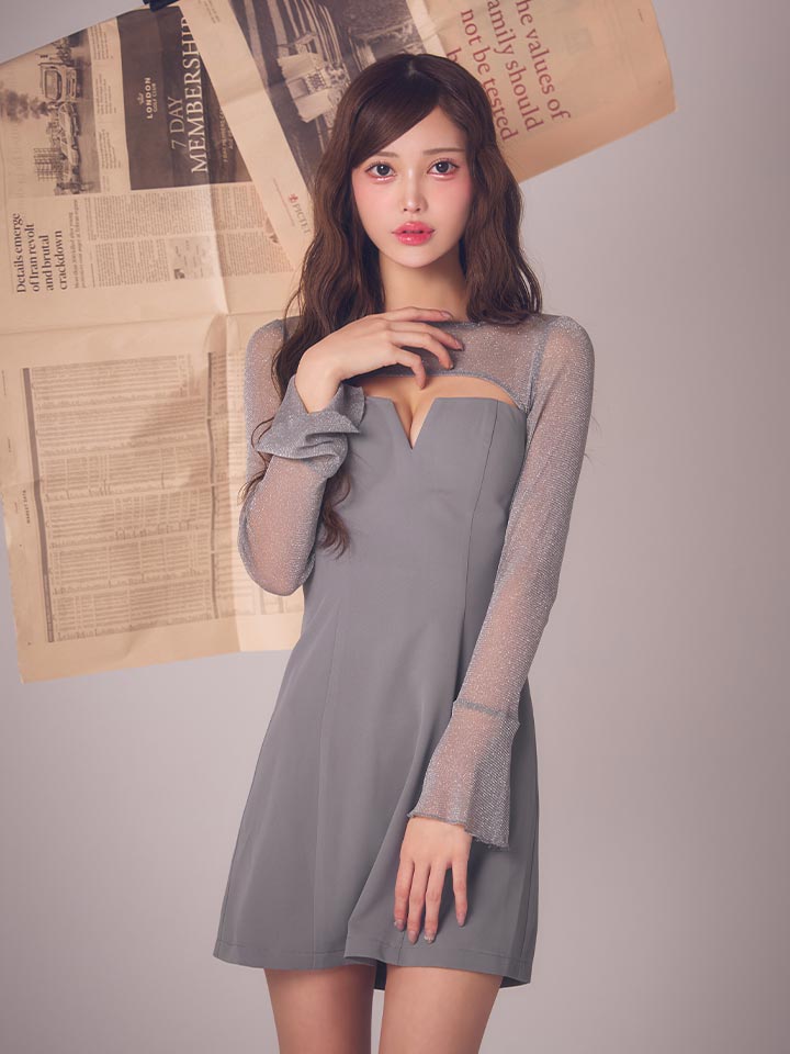 ラメシアースリーブAラインミニドレス/キャバドレス06