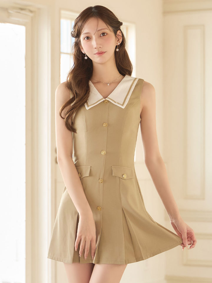 ノースリーブ/襟付き/胸閉じ/ボタン/プリーツ/ミニドレス/キャバドレス02