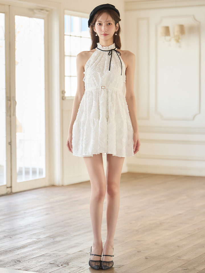ハイネック/リボン/アメスリ/ノースリーブ/ベルト/フレア/Aライン/ジャガード/ミニドレス/キャバドレス01