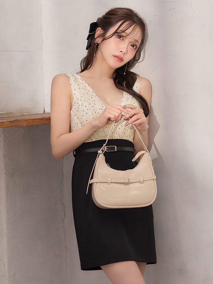 バイカラー/ドット柄/ギャザー/Vネック/ノースリーブ/ベルト/タイト/ドッキング/ミニドレス/キャバドレス02