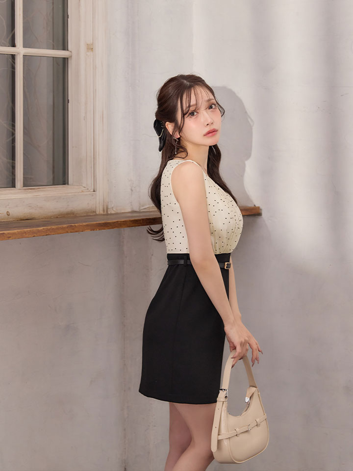 バイカラー/ドット柄/ギャザー/Vネック/ノースリーブ/ベルト/タイト/ドッキング/ミニドレス/キャバドレス04
