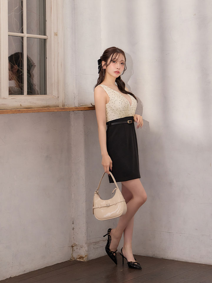 バイカラー/ドット柄/ギャザー/Vネック/ノースリーブ/ベルト/タイト/ドッキング/ミニドレス/キャバドレス05