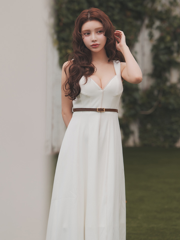 バイカラー/パイピング/ノースリーブ/ベルト/フレア/無地/ロングドレス/キャバドレス02