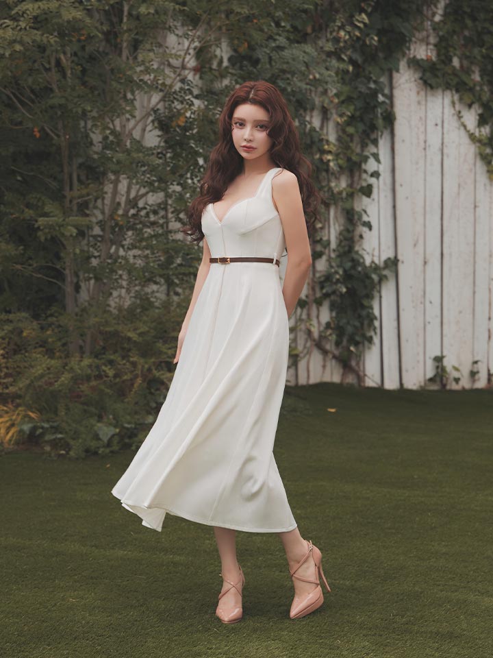 バイカラー/パイピング/ノースリーブ/ベルト/フレア/無地/ロングドレス/キャバドレス03