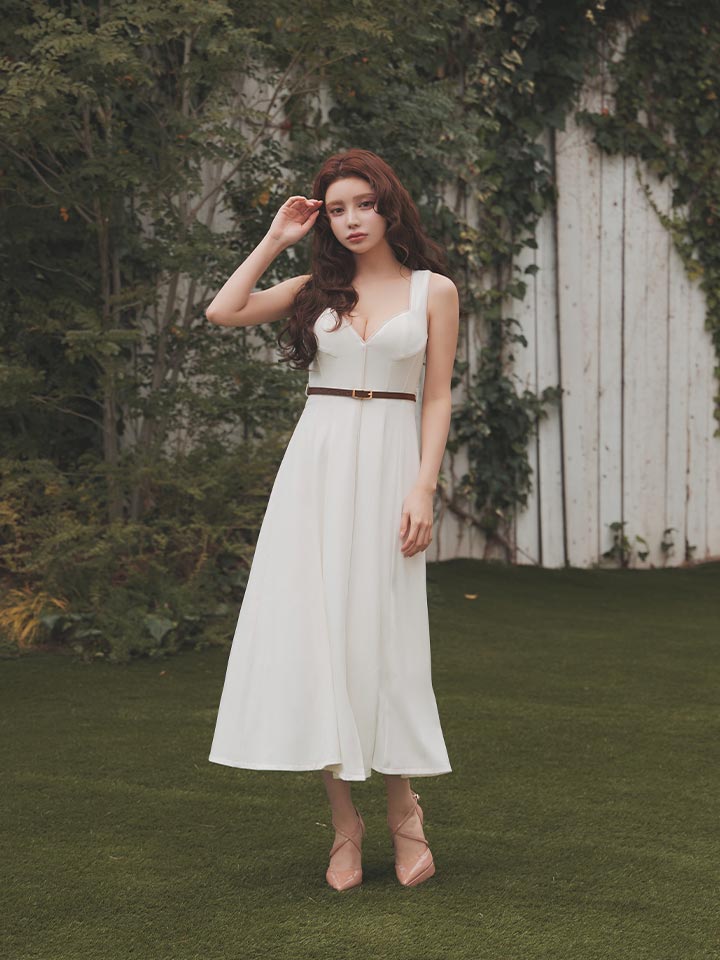 バイカラー/パイピング/ノースリーブ/ベルト/フレア/無地/ロングドレス/キャバドレス07